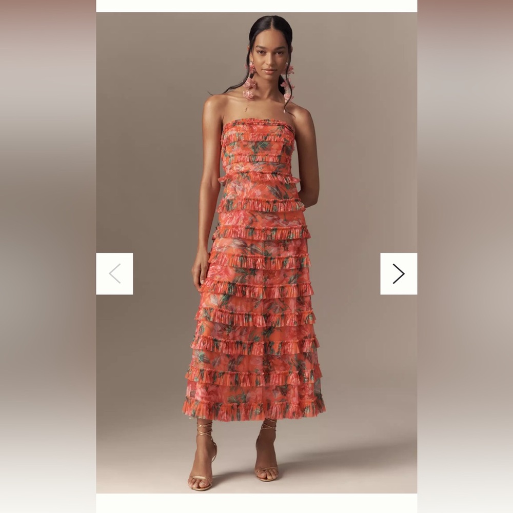 Strapless Coral Tiered Ruffle Midi Dress